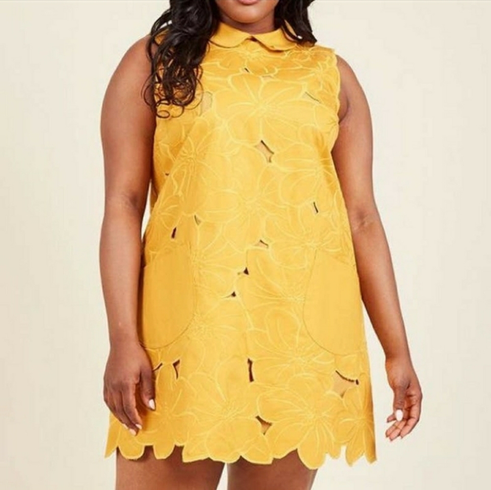 ModCloth Fervour Collared Embroidered Floral Dress Mustard Yellow SizeLarge